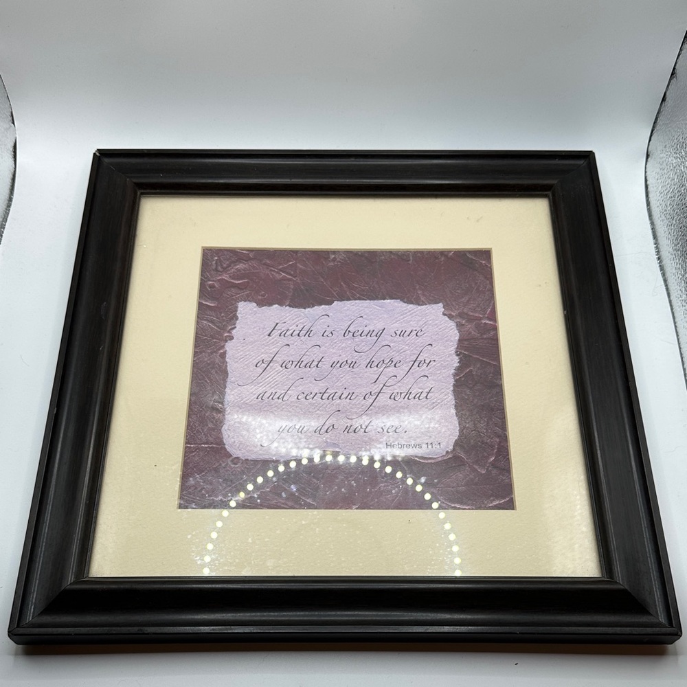 Framed Christian wall art print featuring the Bible verse Hebrews 11:1.  12”x12”